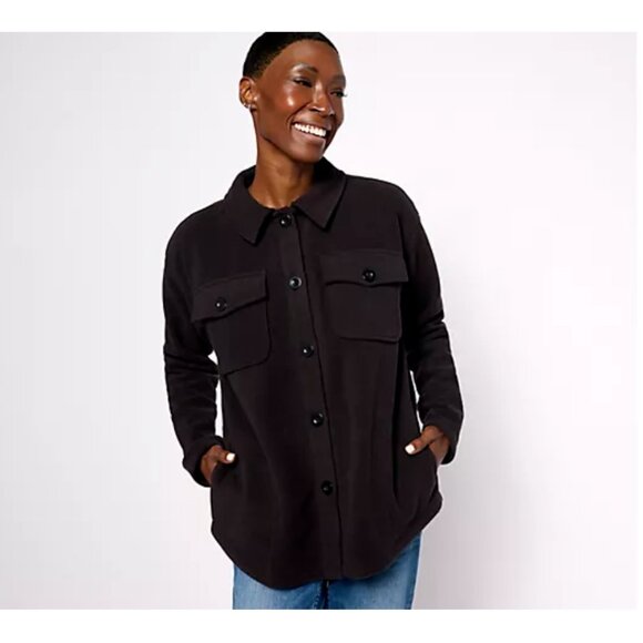 Anybody Sweater Shacket ~ XL Lounge Polar Fleece Button Front Black A553804 - Picture 1 of 8
